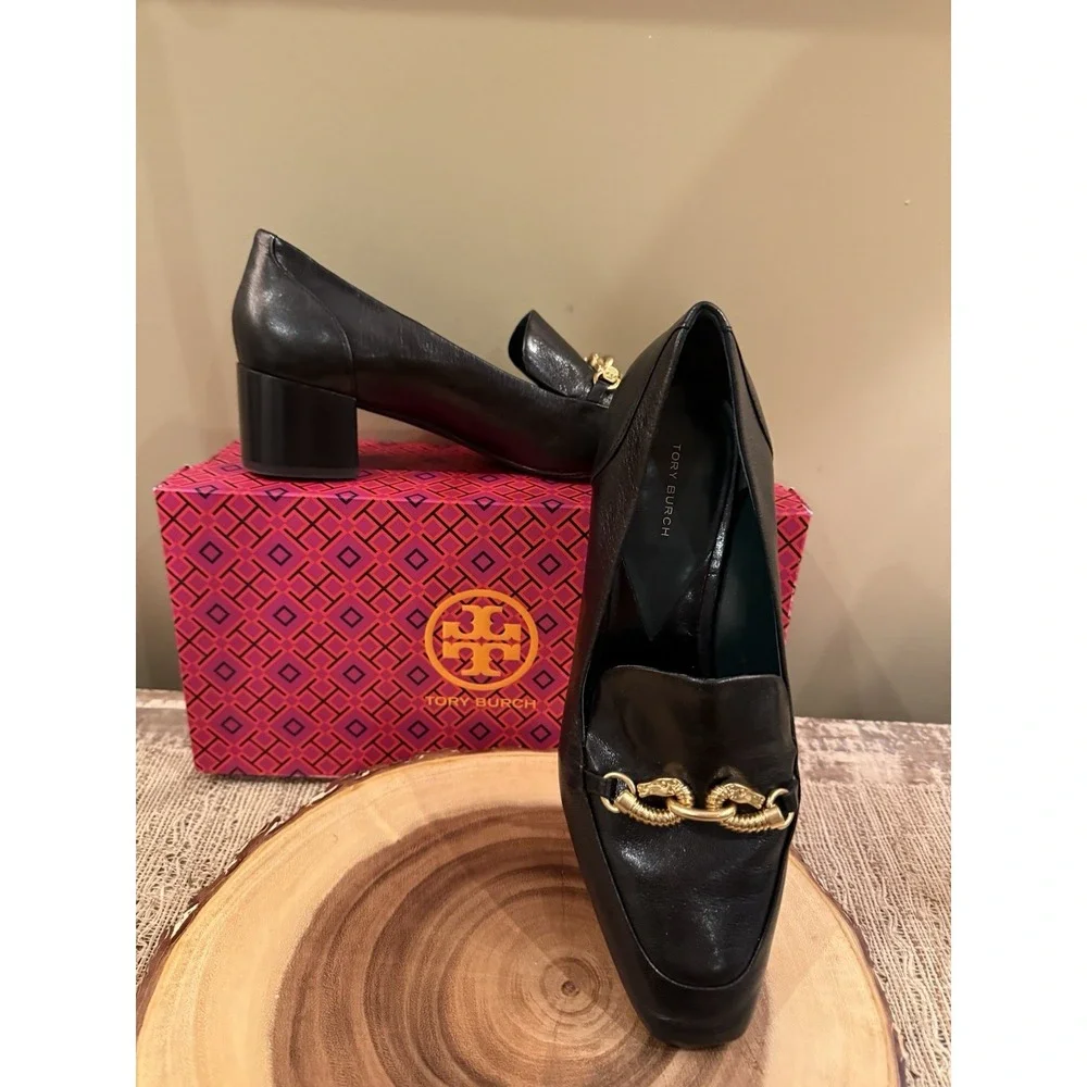 Tory Burch Women's Jessa Leather Heeled Loafer Black Block Heel Gold Links 9.5